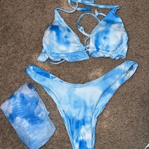 Blue Tie-Dye Bikini Set with Sarong